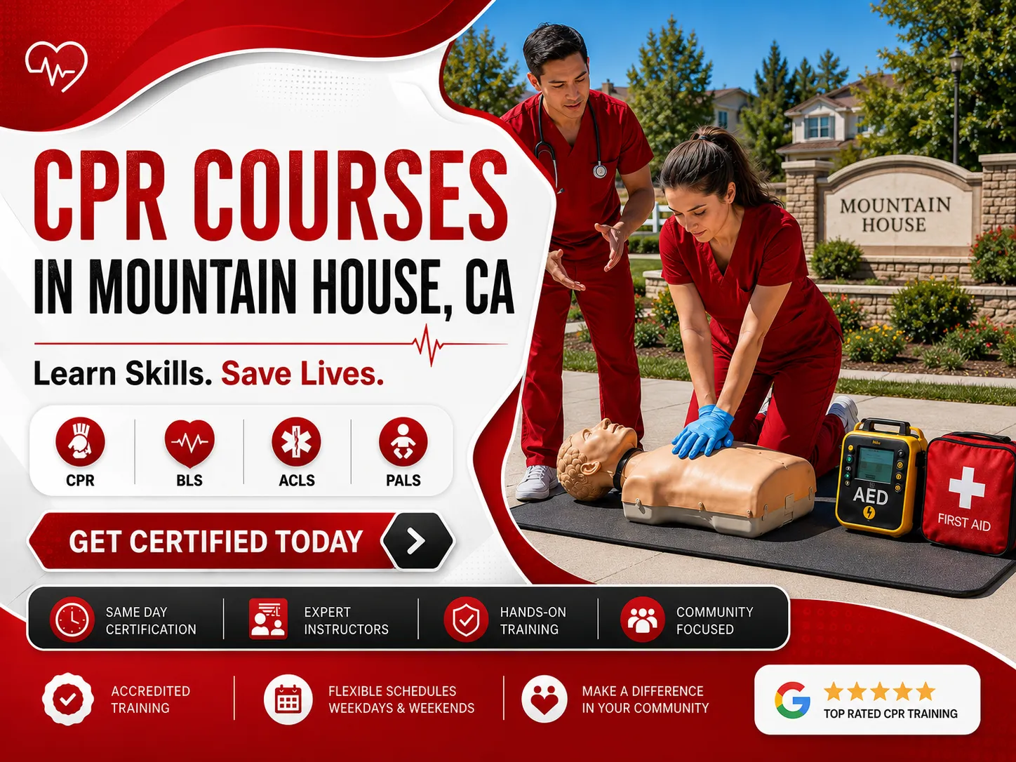 CPR mannequin practice during BLS certification class in Mountain House, CA